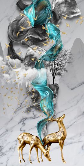 水墨山水鹿飘带玄关图