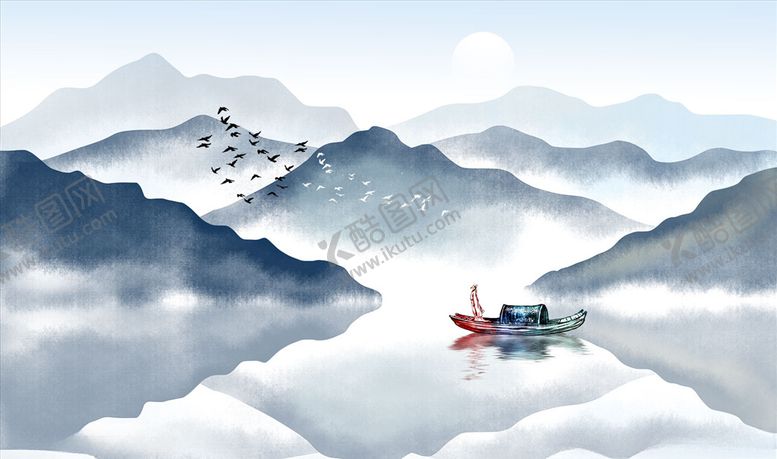 编号：99248305160937376473【酷图网】源文件下载-水墨山水小船背景墙
