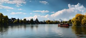 湖畔风光蓝天白云绿树碧水