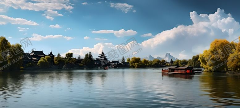 编号：42631204010808245477【酷图网】源文件下载-湖畔风光蓝天白云绿树碧水