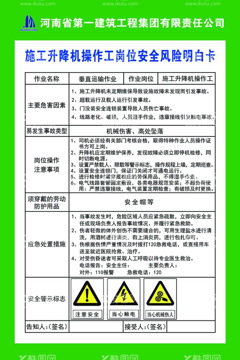 编号：53429709250134590957【酷图网】源文件下载-施工升降机安全风险明白卡