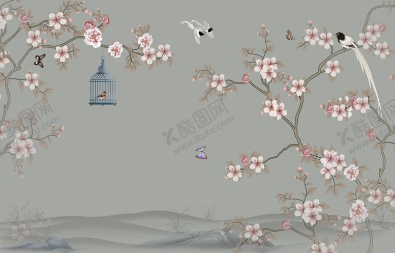 编号：43019002101637346292【酷图网】源文件下载-中式花鸟壁画