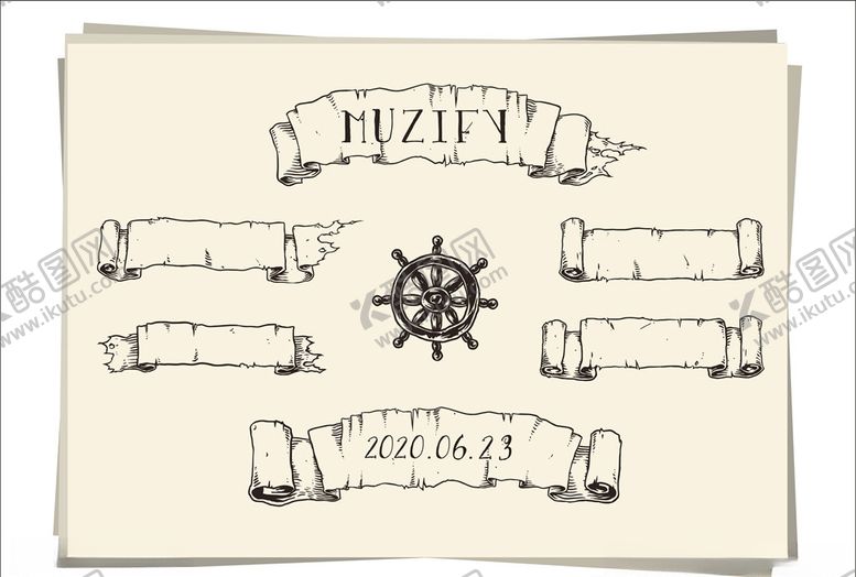 编号：43854009251854335779【酷图网】源文件下载-6款入复古飘带和船舵手绘稿