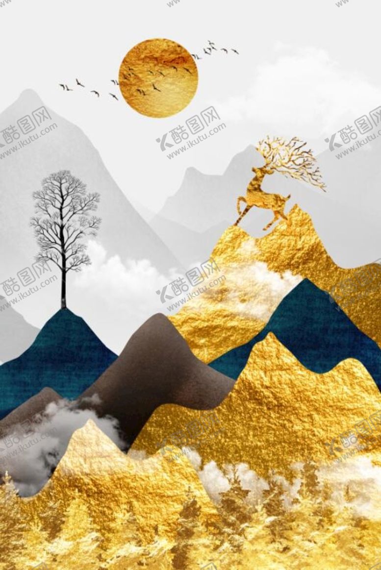 编号：05694209181300475264【酷图网】源文件下载-欧式金色山水麋鹿中式画