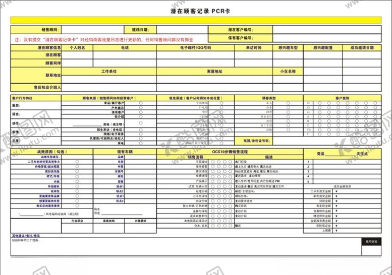 编号：15072606280017119723【酷图网】源文件下载-汽车公司销售潜在顾客记录卡