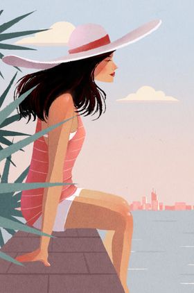人物女性海边插画卡通背景素材