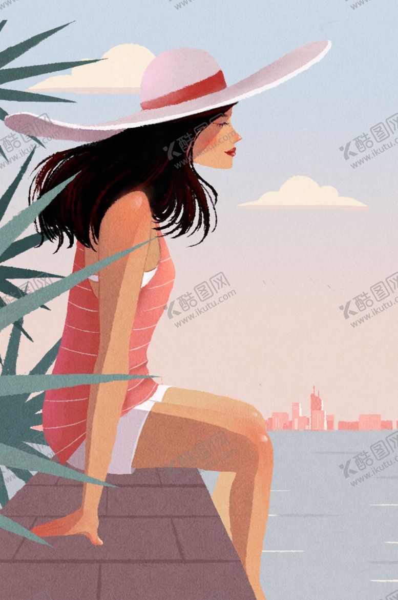 编号：95647006281452454017【酷图网】源文件下载-人物女性海边插画卡通背景素材