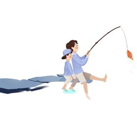 男孩女孩钓鱼插画