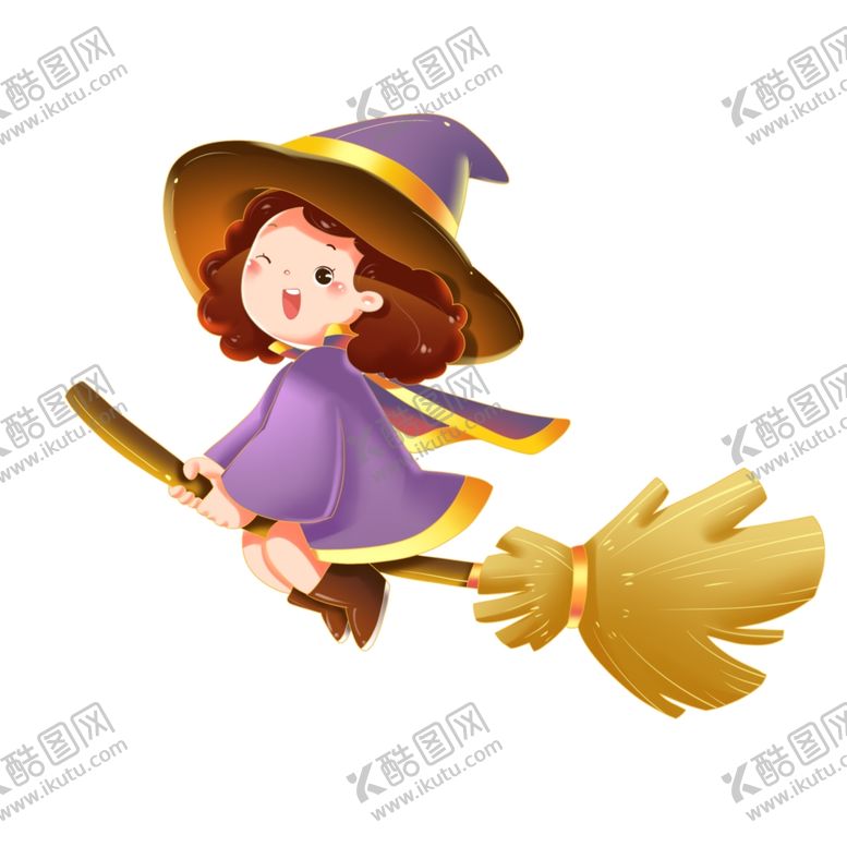编号：95996312071342258907【酷图网】源文件下载-万圣节卡通骑扫帚的可爱女巫形象