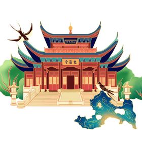 国潮手绘古典建筑与祥云