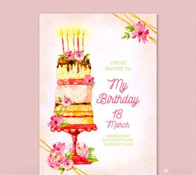 水彩生日蛋糕生日邀请卡