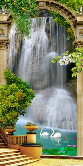 山水画瀑布天鹅玄关背景