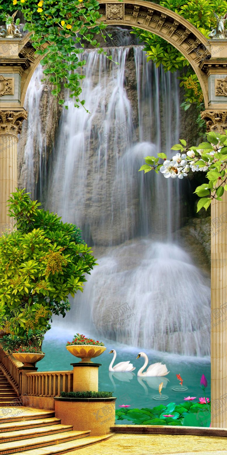 编号：89062211012120302865【酷图网】源文件下载-山水画瀑布天鹅玄关背景