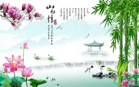 荷花竹子九鱼天鹅背景墙