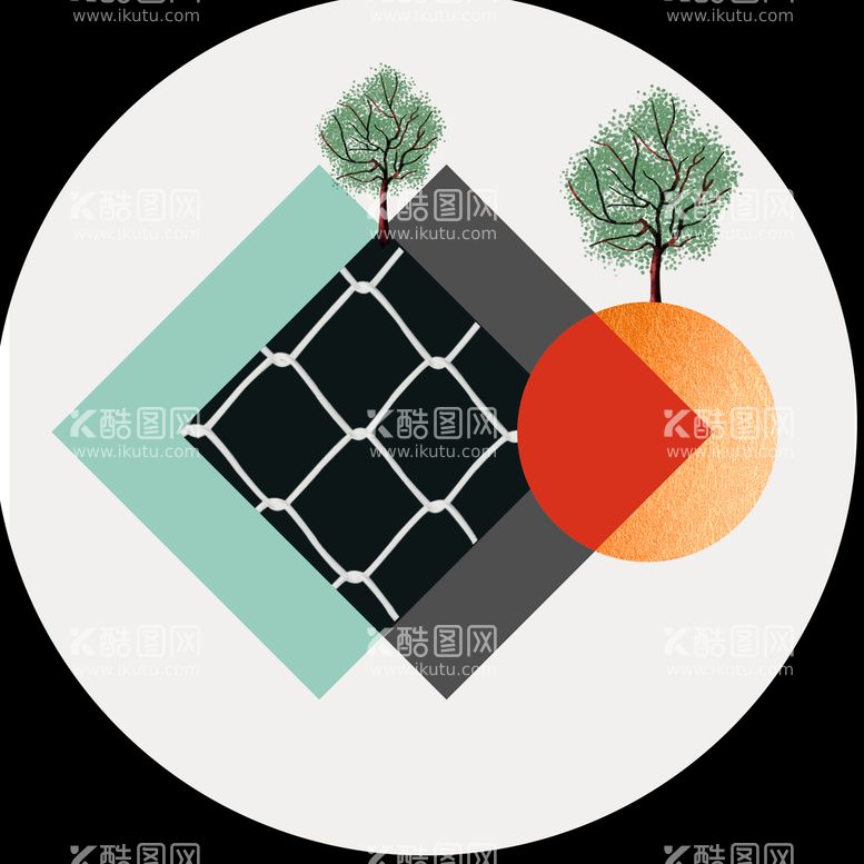 编号：59780409221927520635【酷图网】源文件下载-简约方块几何水彩树圆形挂画装饰