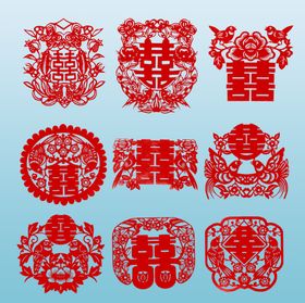 喜字婚庆剪纸素材喜鹊
