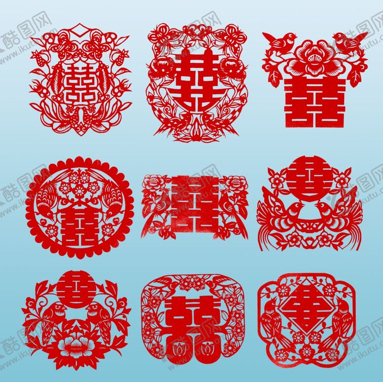 编号：37019511241652187386【酷图网】源文件下载-喜字婚庆剪纸素材喜鹊