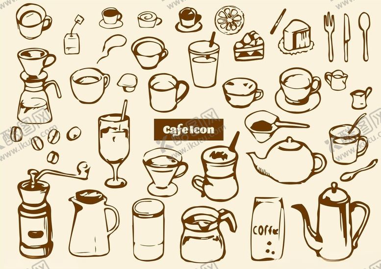 编号：52141311181628414457【酷图网】源文件下载-手绘咖啡茶具插画集合