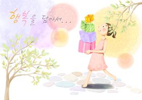 给花卉拍照的女孩插画