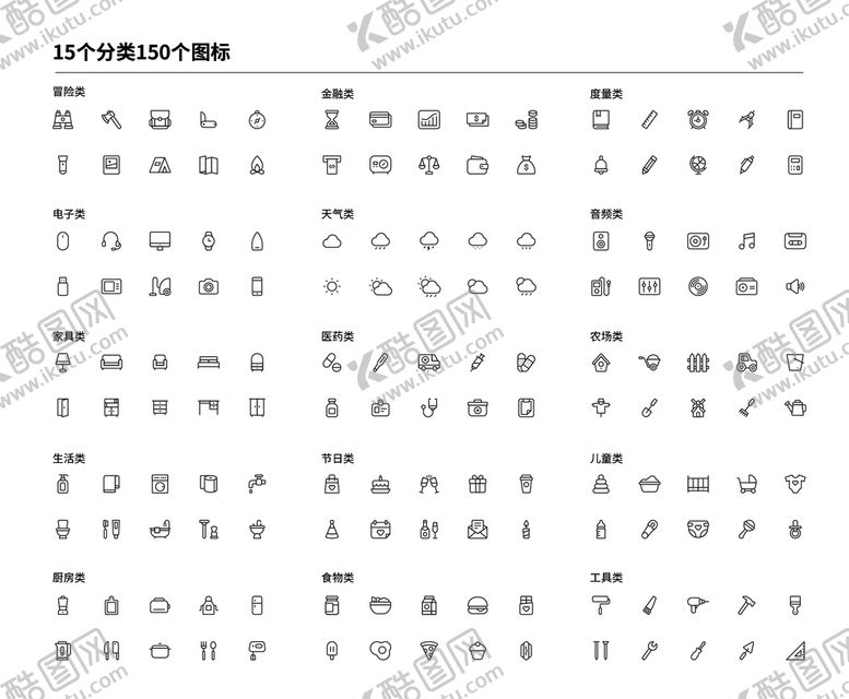 编号：98151010161914331158【酷图网】源文件下载-15种分类150个图标常用图标
