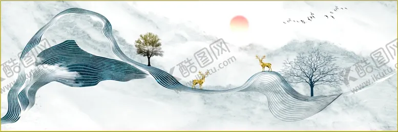 编号：80755601261302318707【酷图网】源文件下载-金色麋鹿山水艺术晶瓷画