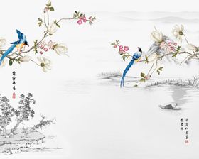 花鸟画玉兰长尾鸟背景墙