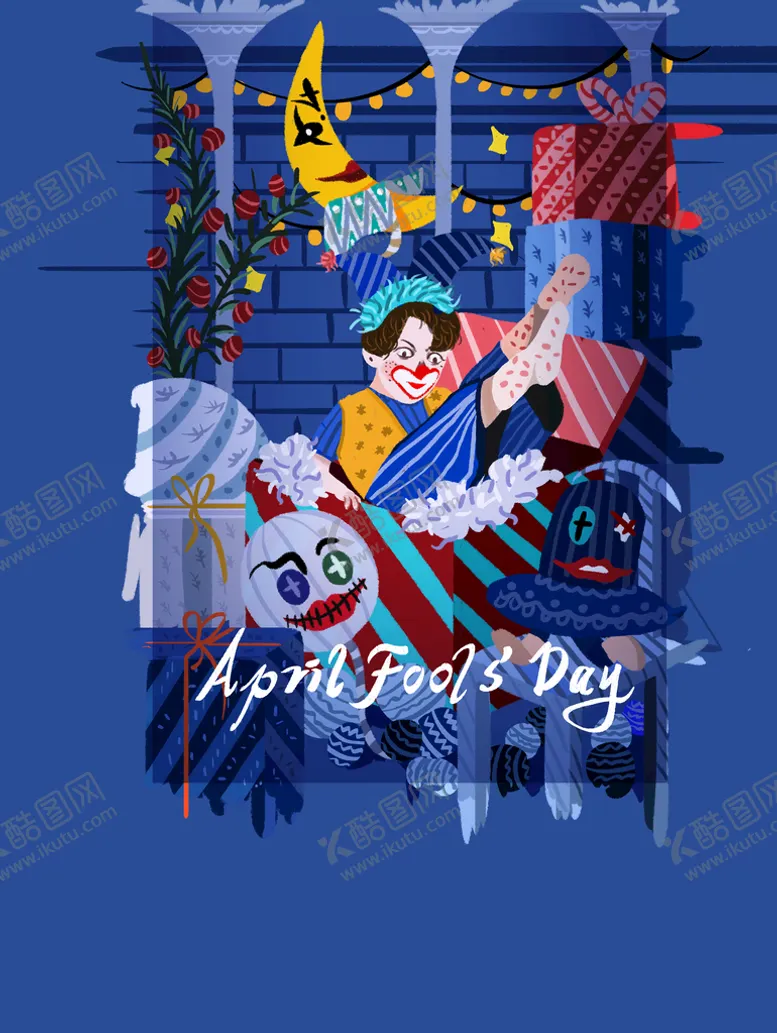 编号：49615309212205527362【酷图网】源文件下载-蓝色愚人节小丑搞怪扁平插画