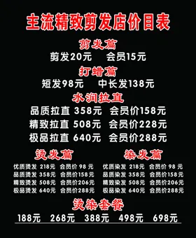 理发店价目表