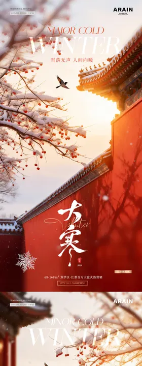 地产小寒大寒中式建筑风景海报