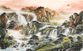 中式青绿瀑布山水国画电视背景墙壁渔船墨