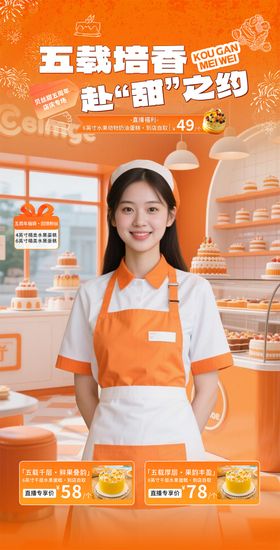 橙色餐饮蛋糕面包直播间贴片