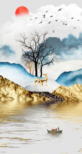 金箔山水麋鹿玄关画