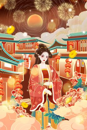 新年国风春节卡通美女插画