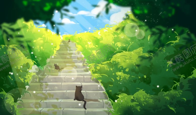 编号：86707107021647426591【酷图网】源文件下载-夏季台阶小猫清新插画背景素材