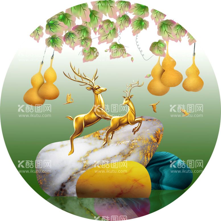 编号：19672809141214543591【酷图网】源文件下载-葫芦麋鹿高清风景画挂画装饰画艺术无框画唯美