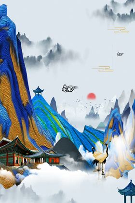 山水传统国风插画卡通背景