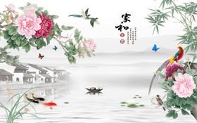 工笔花鸟背景墙装饰画