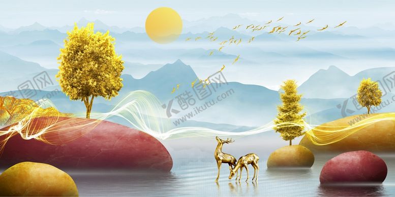 编号：96182009202307044936【酷图网】源文件下载-金色麋鹿意境山水装饰画