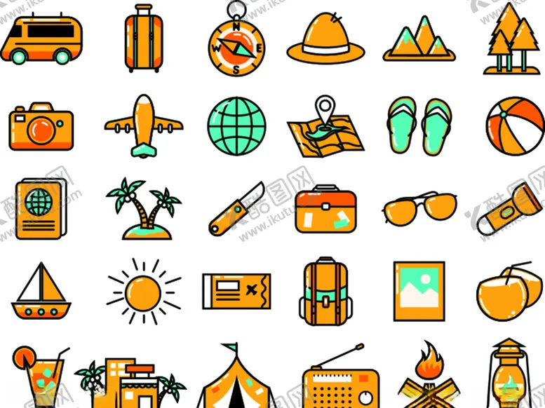 编号：84621909291831567638【酷图网】源文件下载-36款彩色旅行元素图标矢量