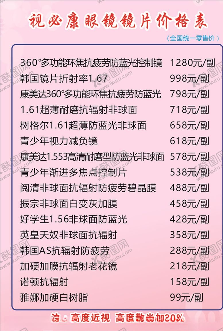 编号：77076109180050102425【酷图网】源文件下载-眼镜价目表