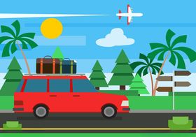 红色汽车开启户外旅行