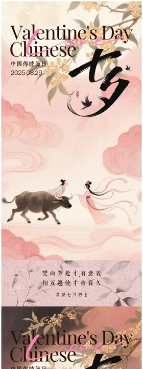 地产七夕情人节唯美中式插画海报