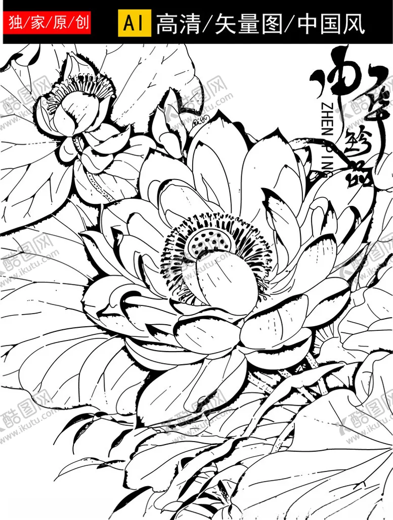 编号：51790104171155218395【酷图网】源文件下载-黑白荷花线稿图