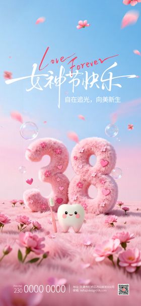 粉色3D文字三八女神节口腔海报