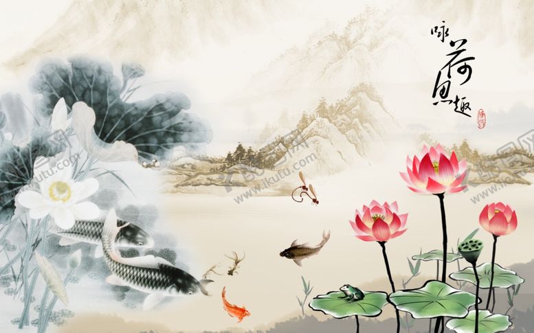 编号：23950509231905508083【酷图网】源文件下载-荷花山水背景墙