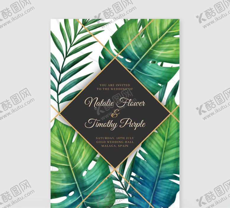 编号：37363609291356344682【酷图网】源文件下载-绿色热带树叶婚礼邀请卡矢量素材