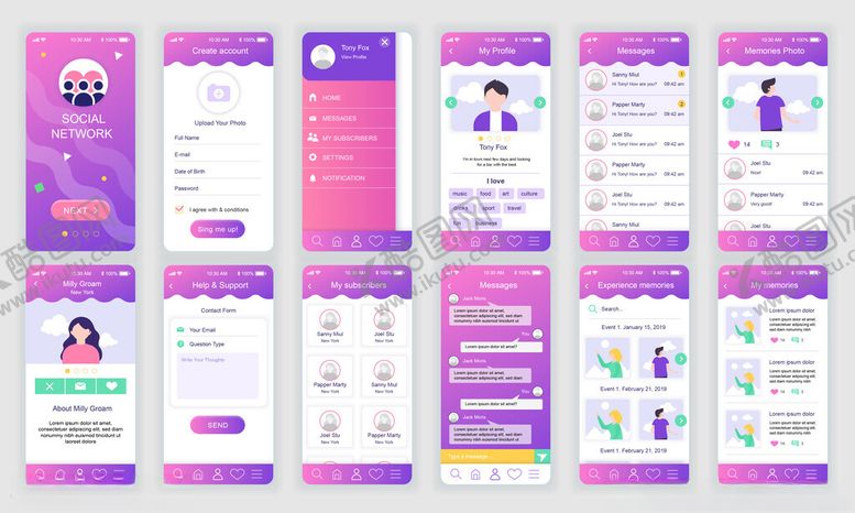 编号：38230610070146125124【酷图网】源文件下载-紫色系APP界面设计模板