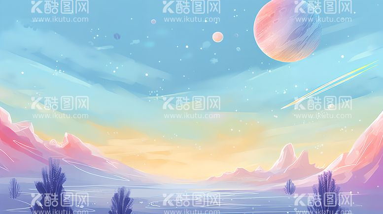 编号：24633112121955575602【酷图网】源文件下载-浪漫奇幻风格远山星球卡通背景