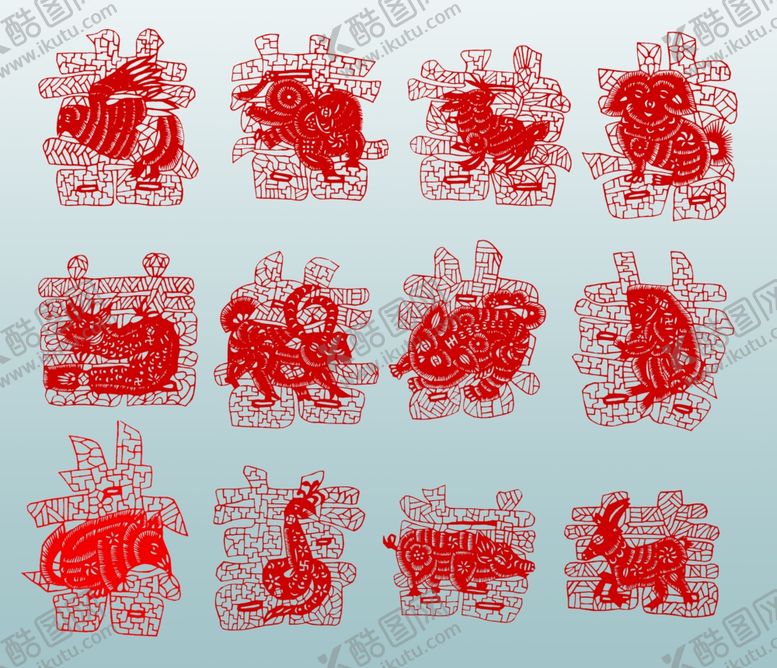 编号：53995111020448074881【酷图网】源文件下载-传统红色剪纸喜字十二生肖图案