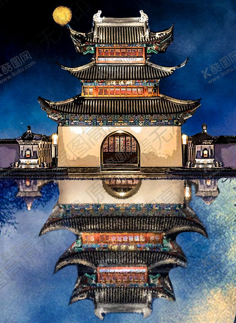 编号：32857010082230534255【酷图网】源文件下载-水彩古风唯美城楼